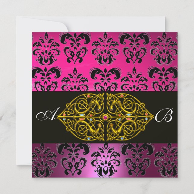 Invitación MONOGRAMA DE DAMASCA NEGRA PURPLE PURPLE NEGRO, fu (Anverso)