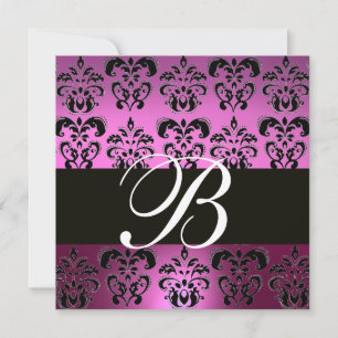 Invitación MONOGRAMA DE DAMASCA NEGRA PURPLE VIOLET, blanco,