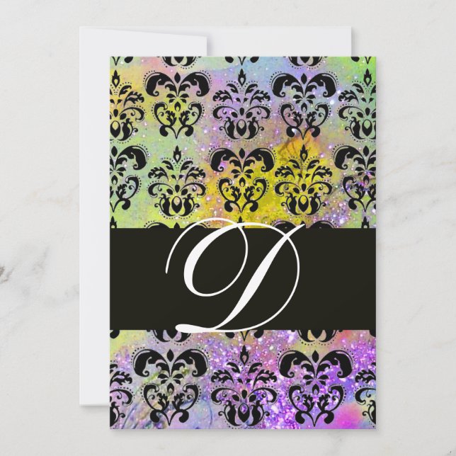 INVITACIÓN MONOGRAMA DE DAMASCA NEGRA VERDE PURPLE AMARILLA,  (Anverso)