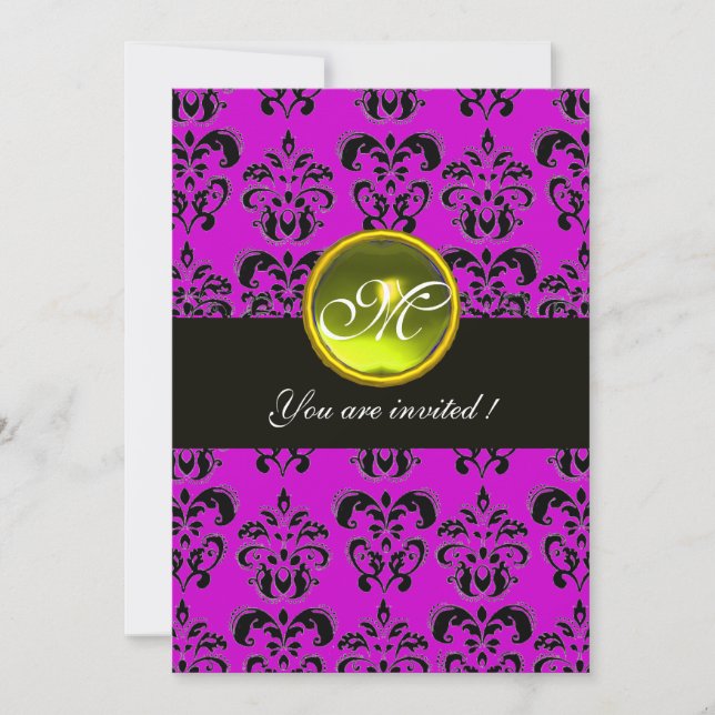 Invitación MONOGRAMA DE DAMASCA NEGRO PURPLE, topaz amarillo (Anverso)