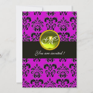 Invitación MONOGRAMA DE DAMASCA NEGRO PURPLE, topaz amarillo