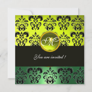 Invitación MONOGRAMA DE DAMASCO AMARILLO VERDE NEGRO, topacio