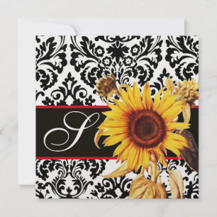 INVITACIÓN MONOGRAMA DE DAMASCO BLANCO NEGRO AMARILLO