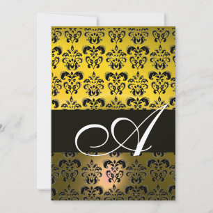 Invitación MONOGRAMA DE DAMASCO NEGRO AMARILLO, blanco brilla