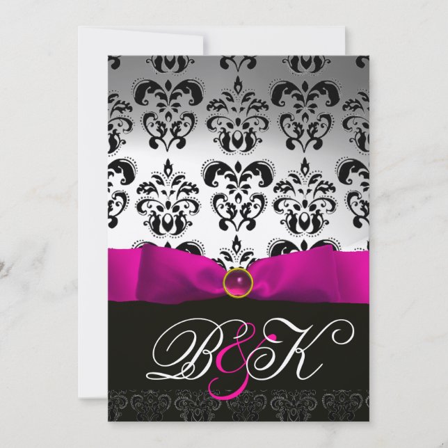 INVITACIÓN MONOGRAMA DE DAMASCO NEGRO BLANCO PINK FUCHSIA RIB (Anverso)