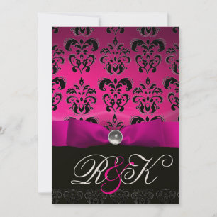 INVITACIÓN MONOGRAMA DE DAMASCO NEGRO BLANCO PINK FUCHSIA RIB