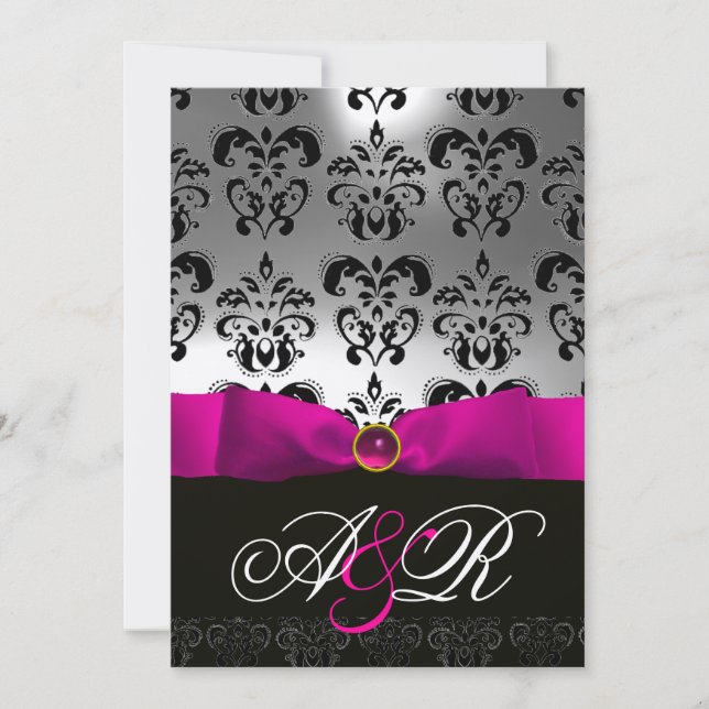 INVITACIÓN MONOGRAMA DE DAMASCO NEGRO BLANCO PINK FUCHSIA RIB (Anverso)