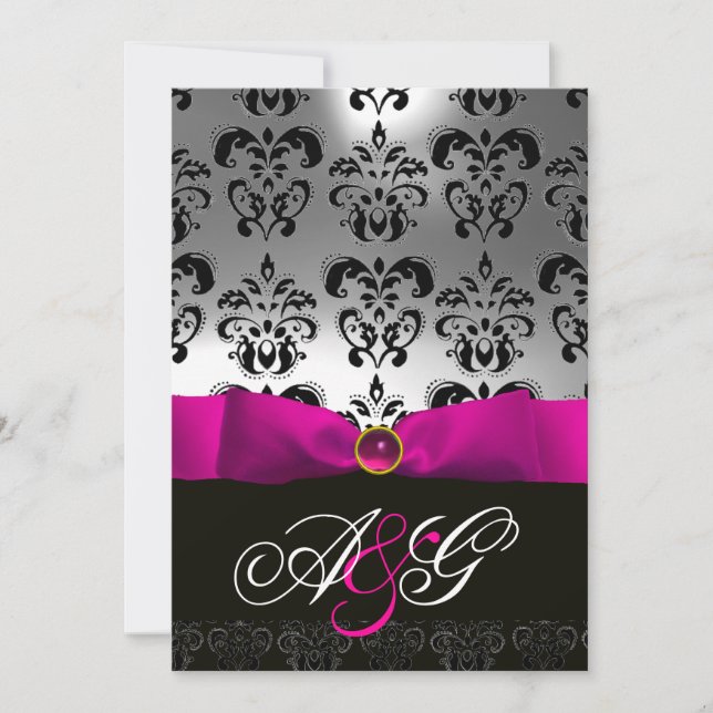 INVITACIÓN MONOGRAMA DE DAMASCO NEGRO BLANCO PINK FUCHSIA RIB (Anverso)