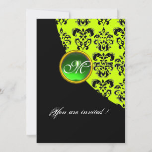 Invitación MONOGRAMA DE DAMASCO NEGRO Y AMARILLO, verde esmer
