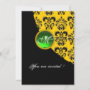 Invitación MONOGRAMA DE DAMASCO NEGRO Y AMARILLO, verde esmer
