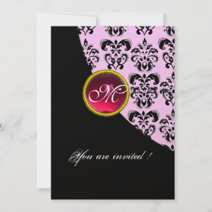 Invitación MONOGRAMA DE DAMASCO NEGRO Y BLANCO, rubí rojo, fu