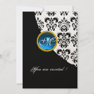 Invitación MONOGRAMA DE DAMASCO NEGRO Y BLANCO, zafiro azul o