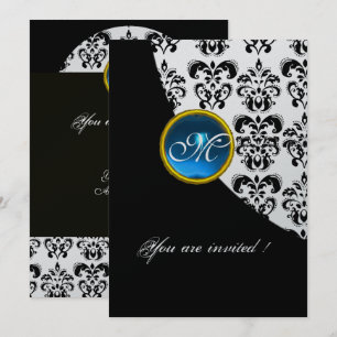 Invitación MONOGRAMA DE DAMASCO NEGRO Y PLATA, zafiro azul