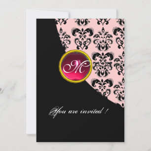 Invitación MONOGRAMA DE DAMASCO NEGRO Y ROSA, rubí rojo