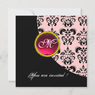 Invitación MONOGRAMA DE DAMASCO NEGRO Y ROSA, rubí rojo