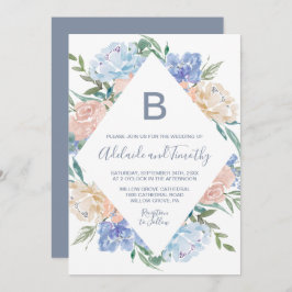 Invitación Monograma De Diamante Floral Azul Dusto El Boda De