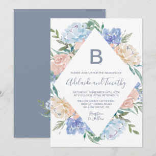 Invitación Monograma De Diamante Floral Azul Dusto El Boda De