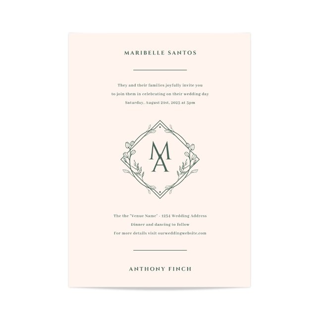 Invitación Monograma De Diamantes Con Flores Boda Evergreen (Diamond Monogram Wedding Invitation in Sage Green and Ivory)