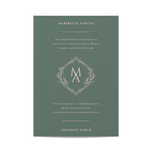 Invitación Monograma de diamantes con flores en Boda Evergree