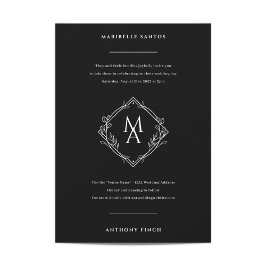 Invitación Monograma de diamantes con flores en Boda negro