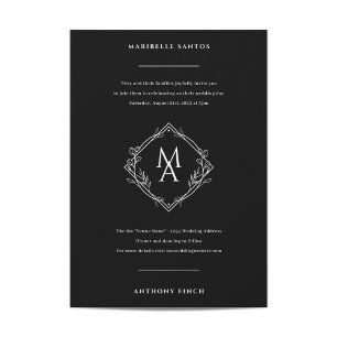 Invitación Monograma de diamantes con flores en Boda negro