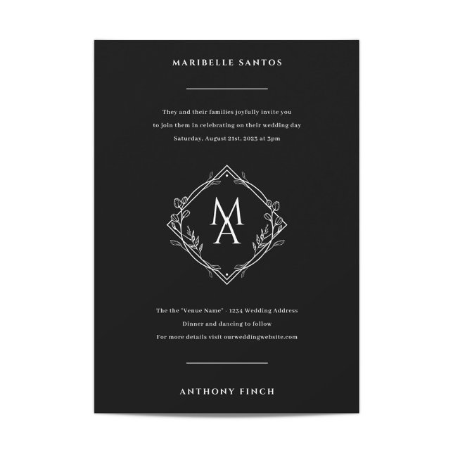 Invitación Monograma de diamantes con flores en Boda negro (Subido por el creador)