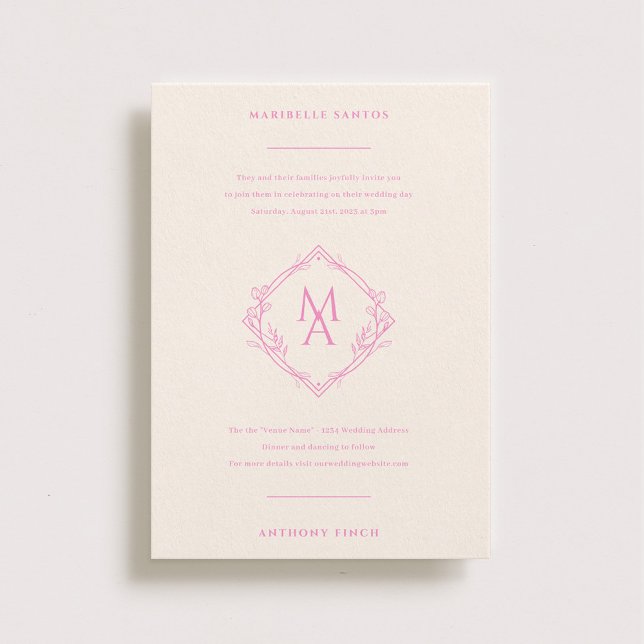Invitación Monograma de diamantes con flores en Boda rosa (Subido por el creador)