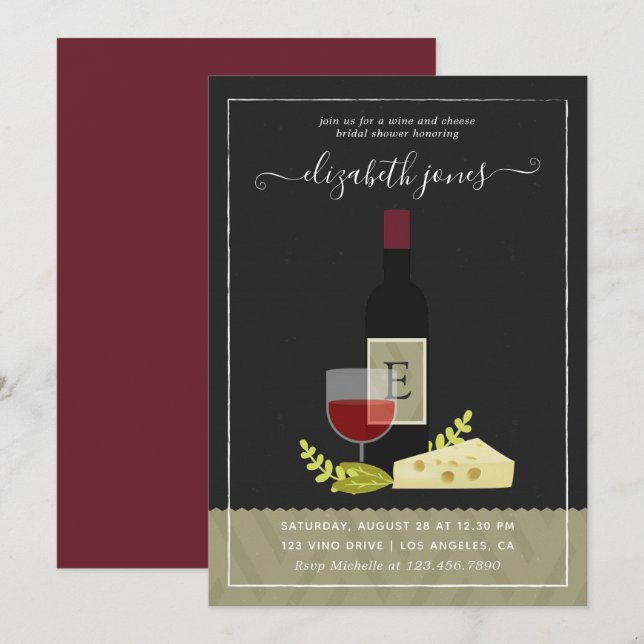 Invitación Monograma de ducha de novia con vino y queso (Anverso / Reverso)