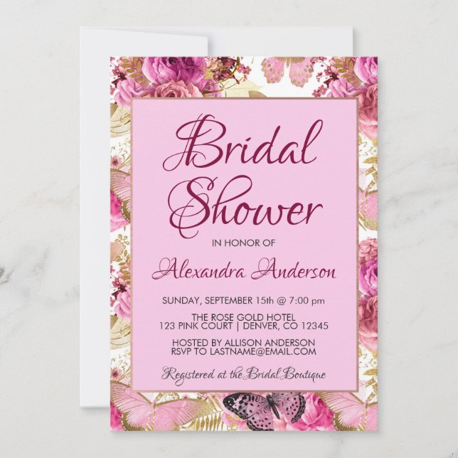 Invitación Monograma de ducha de novia Rosas florales rosas d (Anverso)
