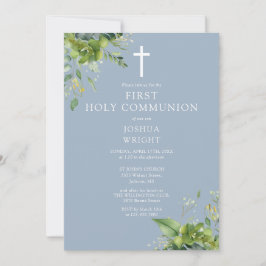 Invitación Monograma de dusty blue greenery para Primera Comu