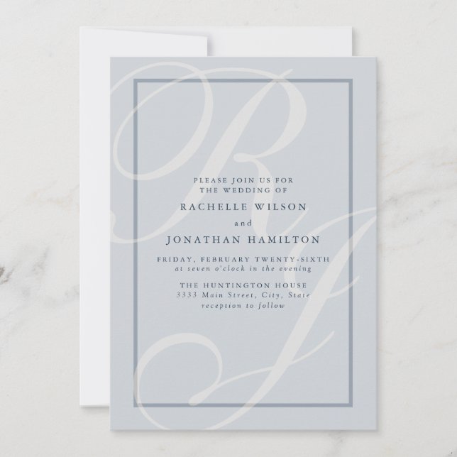 Invitación Monograma de escritura Boda azul elegante (Anverso)