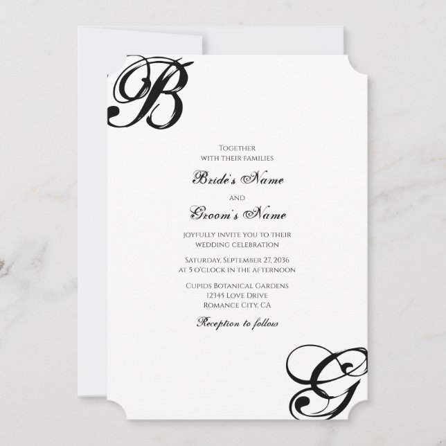 Invitación Monograma de escritura en blanco y negro Boda (Anverso)