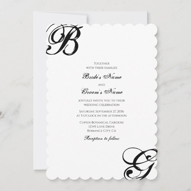 Invitación Monograma de escritura en blanco y negro Boda (Anverso)