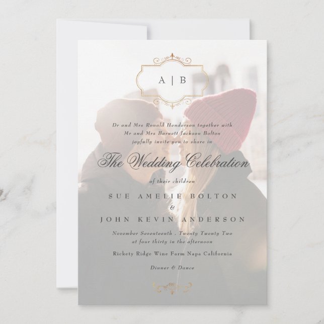 Invitación monograma de escudo de oro clásico romántico boda  (Anverso)