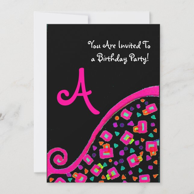 INVITACIÓN MONOGRAMA DE FIESTA DE CUMPLEAÑOS ABSTRACTA NEGRA  (Anverso)