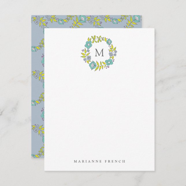 Invitación Monograma de flor azul Estacionamiento personal (Anverso / Reverso)