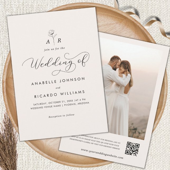 Invitación Monograma de flor de marfil Foto Boda de código QR (Subido por el creador)