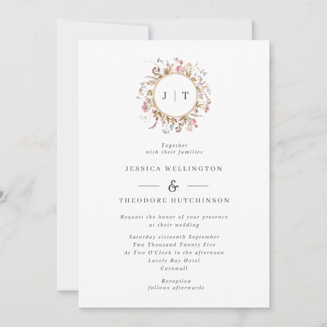 Invitación Monograma de flor silvestre bohemio Boda (Anverso)