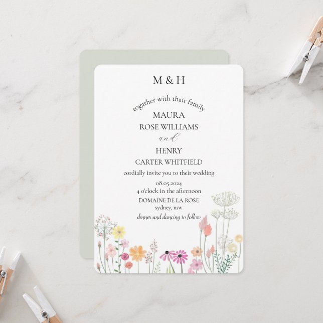 Invitación Monograma de flor silvestre de primavera colorida (Anverso/Reverso In Situ)