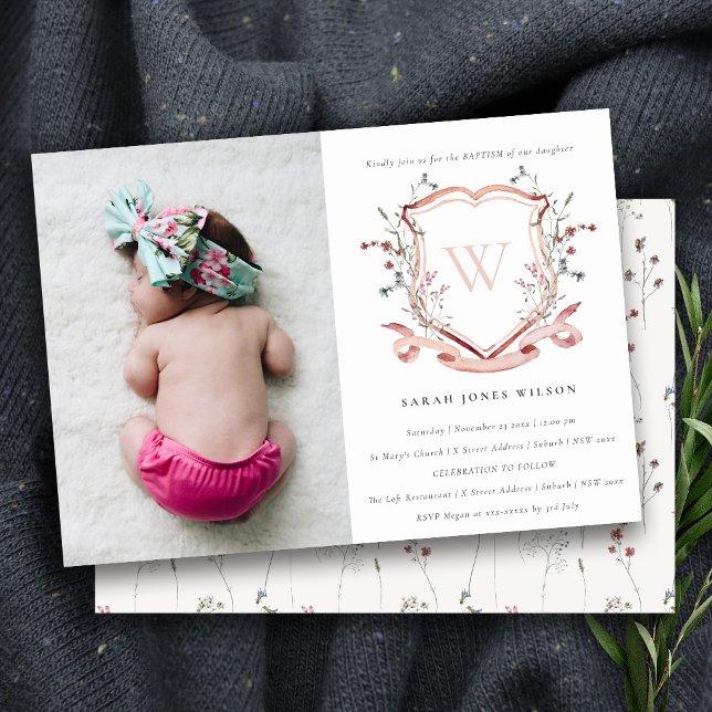 Invitación Monograma de flor silvestre rosa Escudo de foto ba (Subido por el creador)