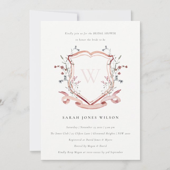 Invitación Monograma de flor silvestre rosa Escudo ducha de n (Anverso)
