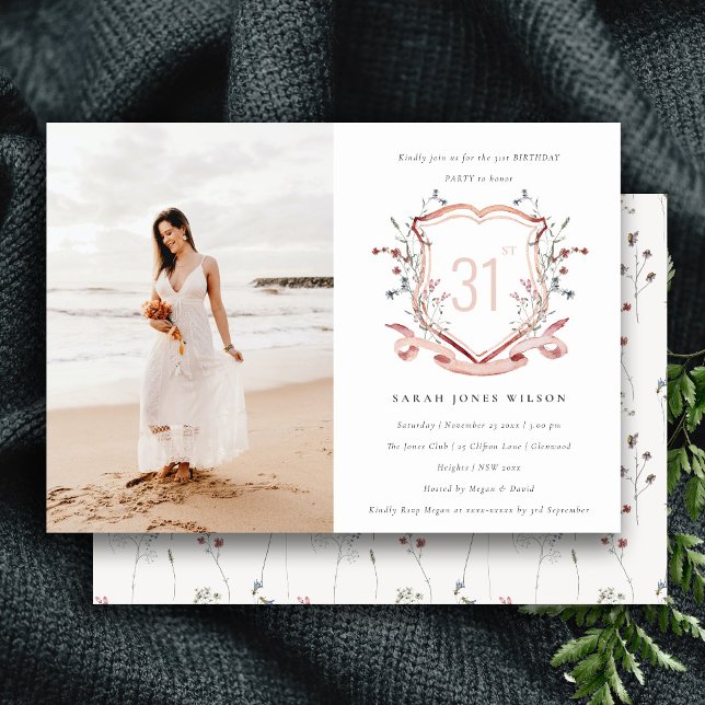 Invitación Monograma de flor silvestre rosa Foto Cumpleaños (Subido por el creador)