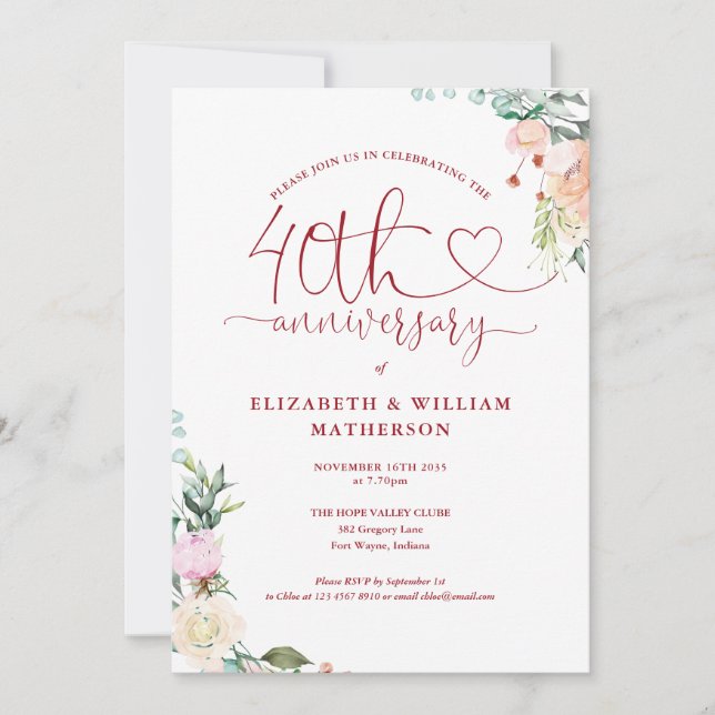 Invitación Monograma de floral cardíaca de caucho de 40 años (Anverso)