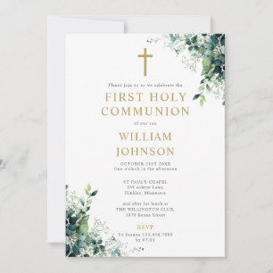 Invitación Monograma de Floral de Eucalipto para Primera Comu