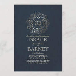 Invitación Monograma de floral dorado Ensayo de la marina de 