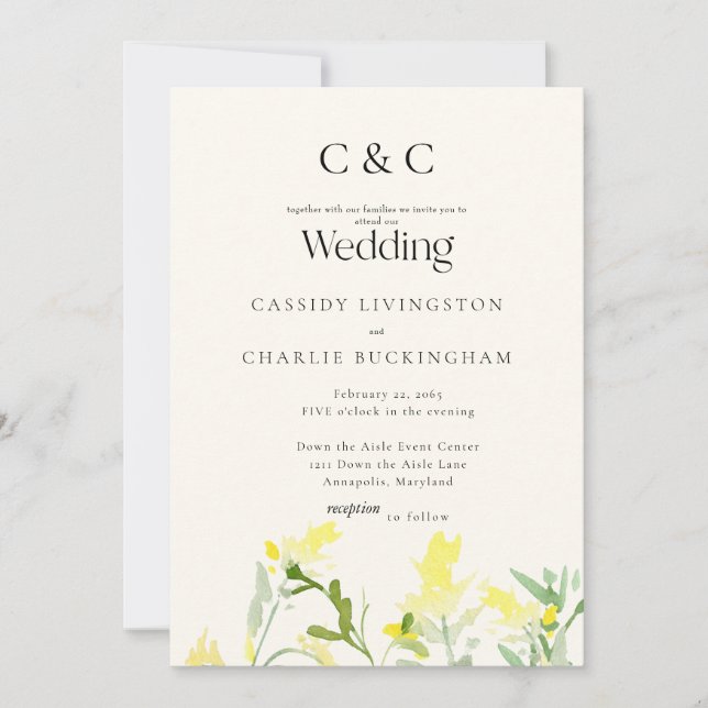 Invitación Monograma de flores silvestres amarillas, boda de  (Anverso)