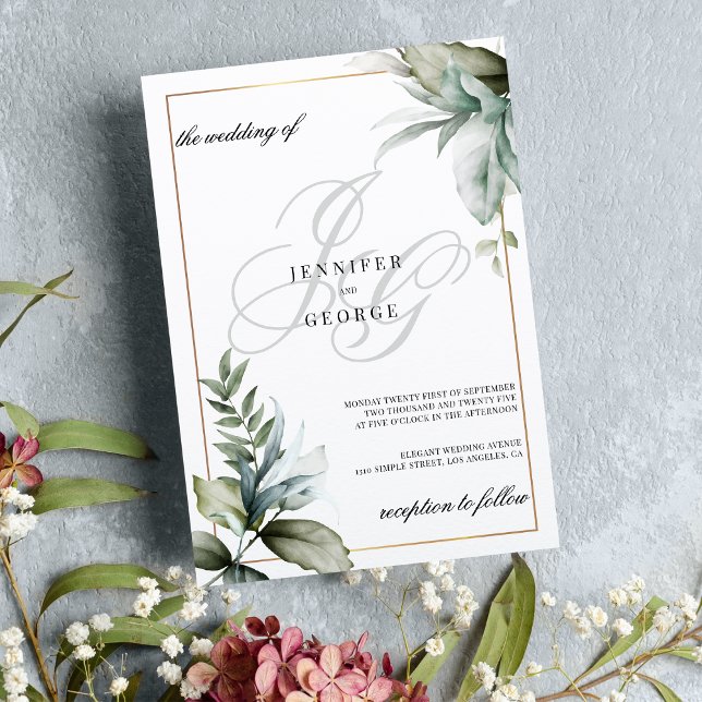 Invitación Monograma de follaje de menta inicial boda elegant (Mint foliage monogram initials elegant wedding)