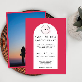 Invitación Monograma de Foto de Boda con Arco Rosa Magenta El