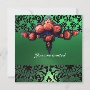 INVITACIÓN MONOGRAMA DE GEMAS DE DAMASK Y ROSES DE ROSOS DE C