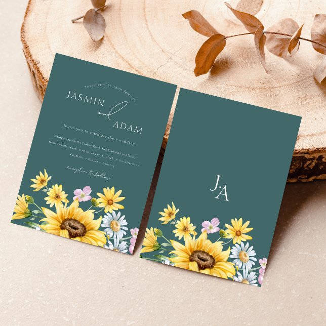 Invitación Monograma de girasoles verdes esmeraldas de verano (Summer Emerald Green Sunflowers Monogram Wedding Invitation)